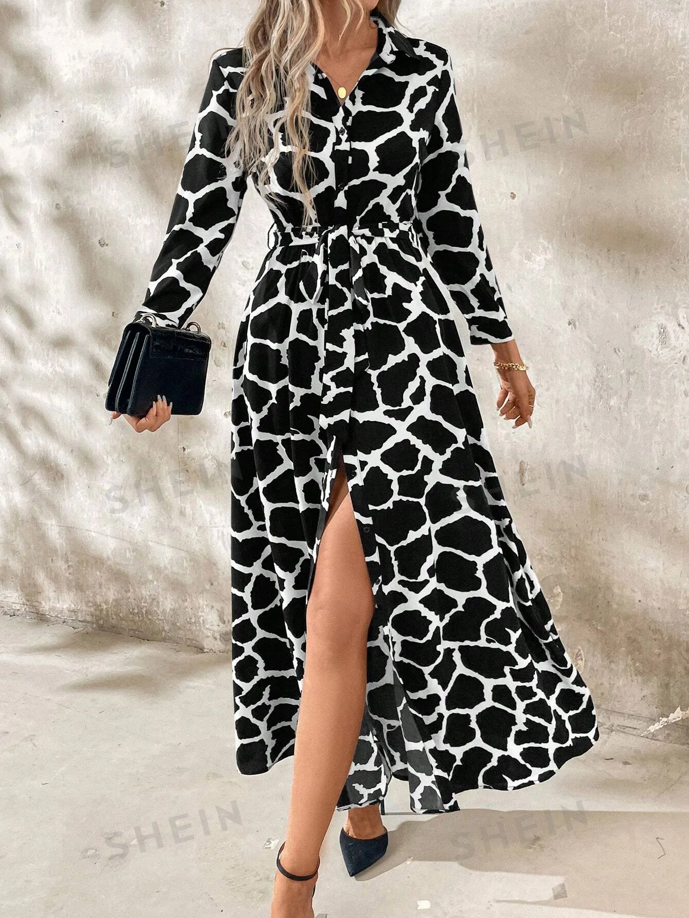 Clasi Women Long Sleeve Button-Front All-Over Allover Print Long Dress