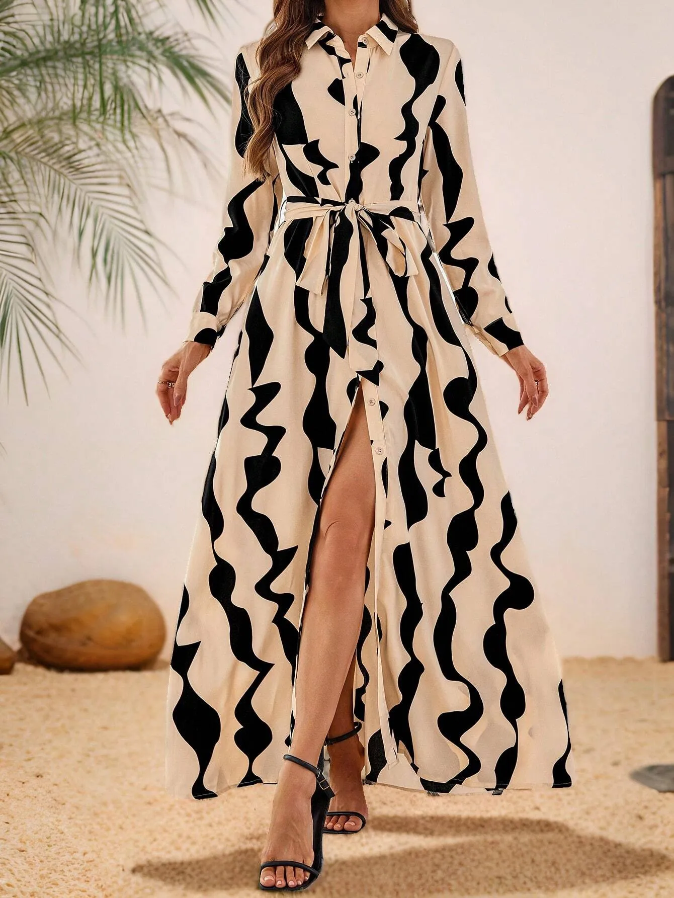 Clasi Women Long Sleeve Button-Front All-Over Allover Print Long Dress