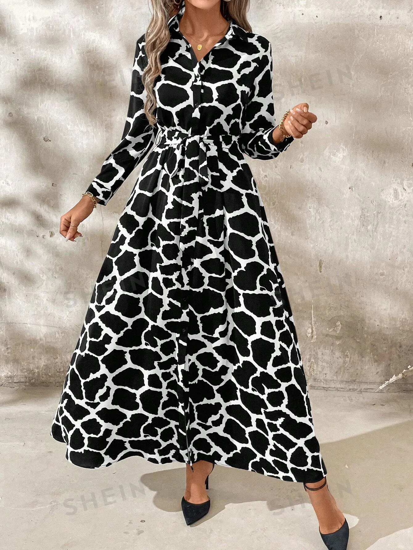 Clasi Women Long Sleeve Button-Front All-Over Allover Print Long Dress