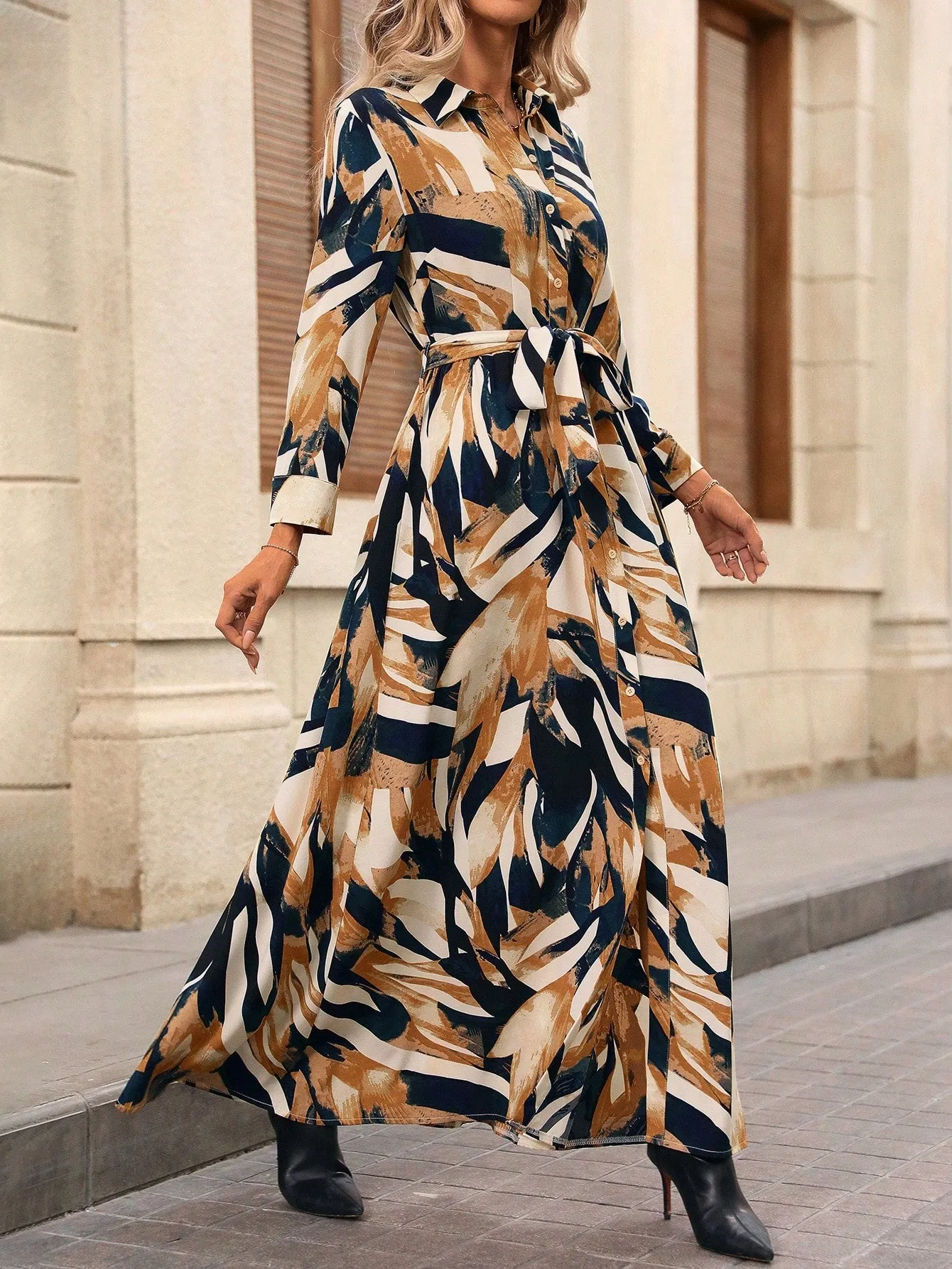 Clasi Women Long Sleeve Button-Front All-Over Allover Print Long Dress