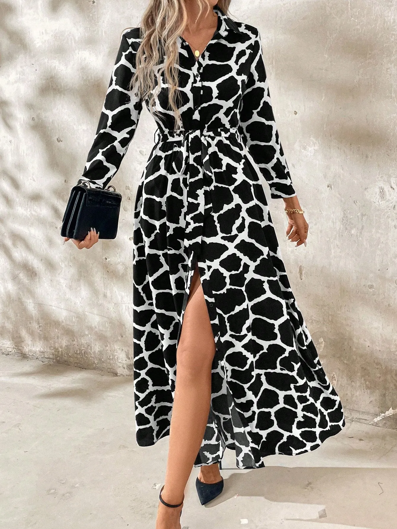 Clasi Women Long Sleeve Button-Front All-Over Allover Print Long Dress
