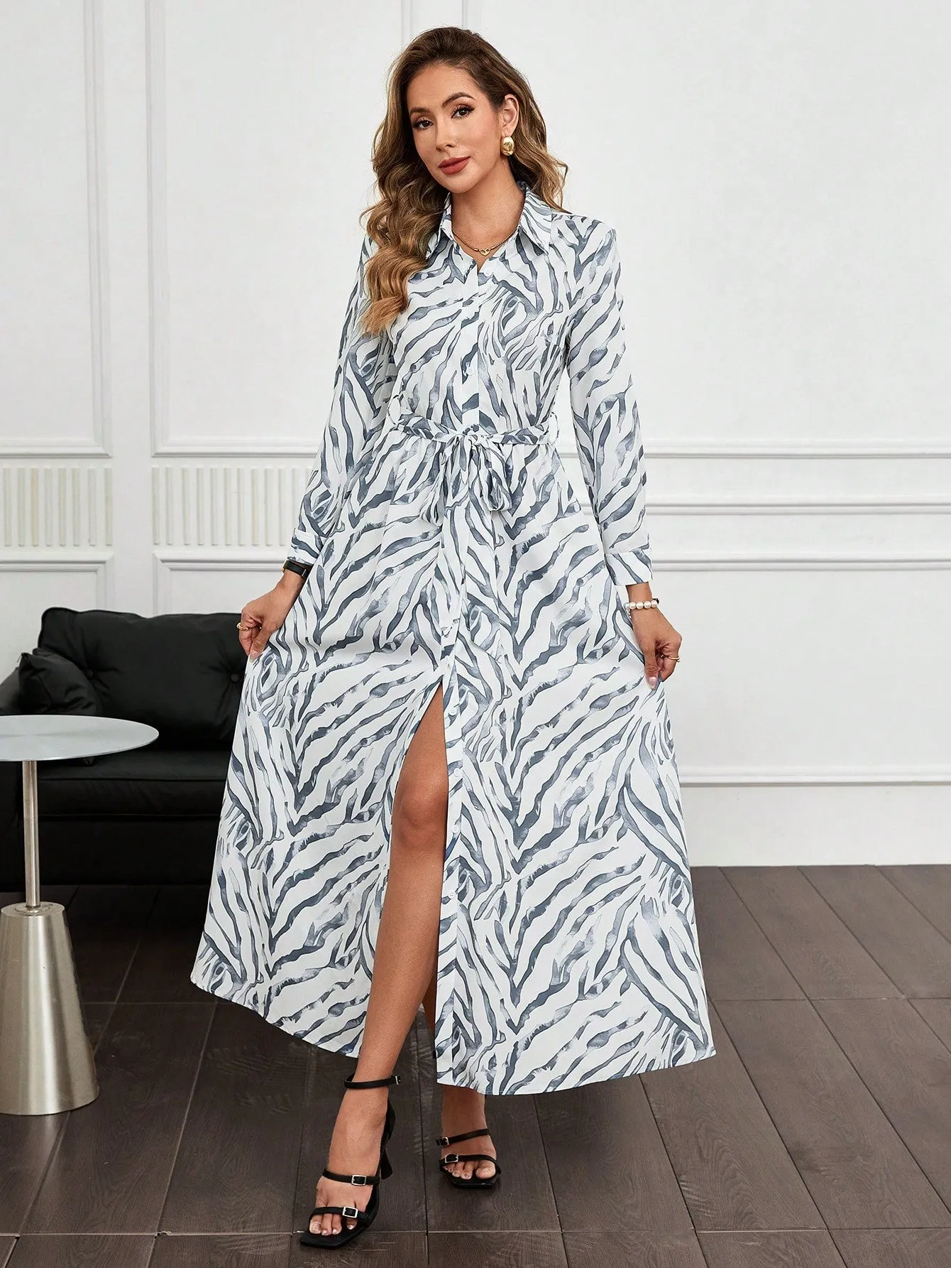 Clasi Women Long Sleeve Button-Front All-Over Allover Print Long Dress