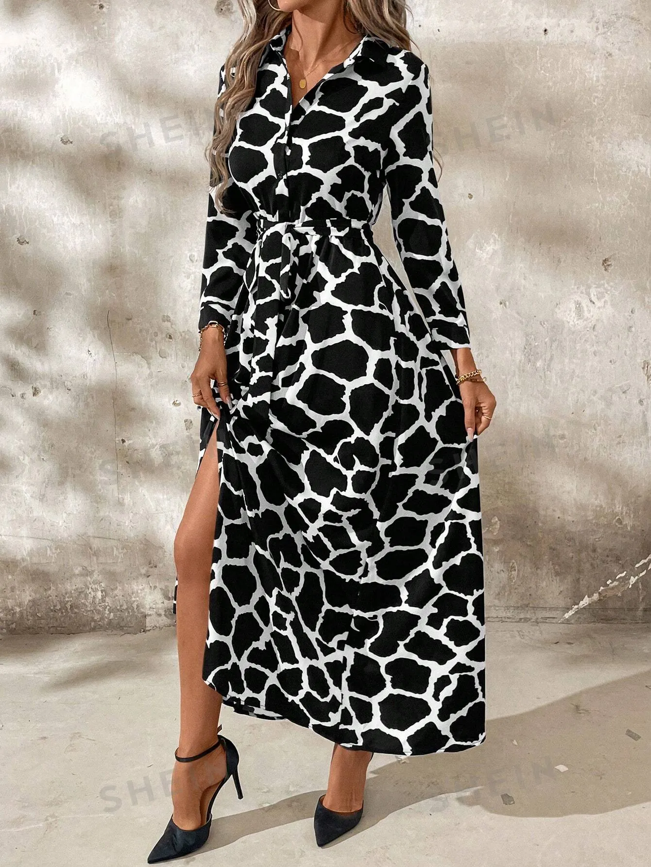 Clasi Women Long Sleeve Button-Front All-Over Allover Print Long Dress