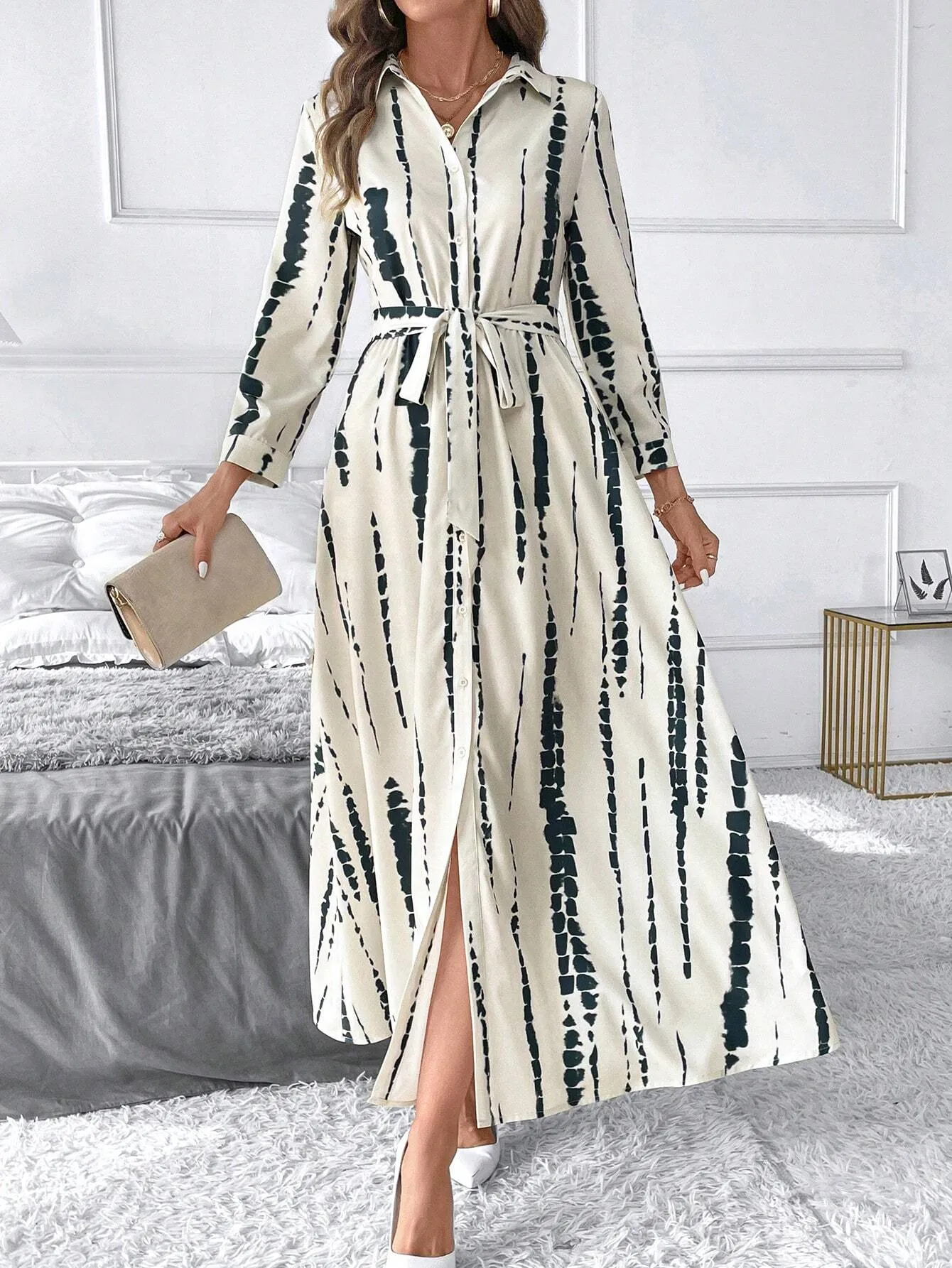 Clasi Women Long Sleeve Button-Front All-Over Allover Print Long Dress