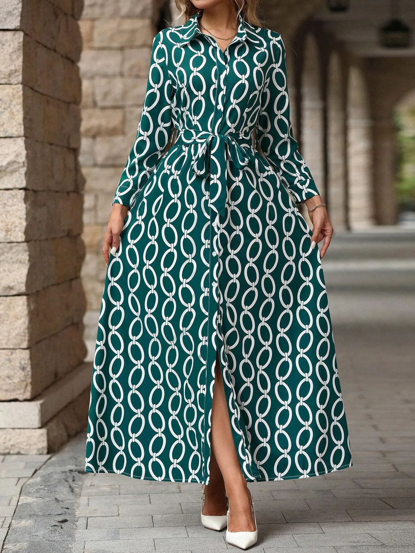 Clasi Women Long Sleeve Button-Front All-Over Allover Print Long Dress