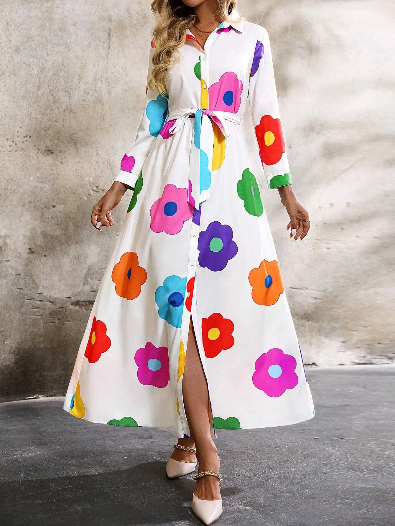 Clasi Women Long Sleeve Button-Front All-Over Allover Print Long Dress