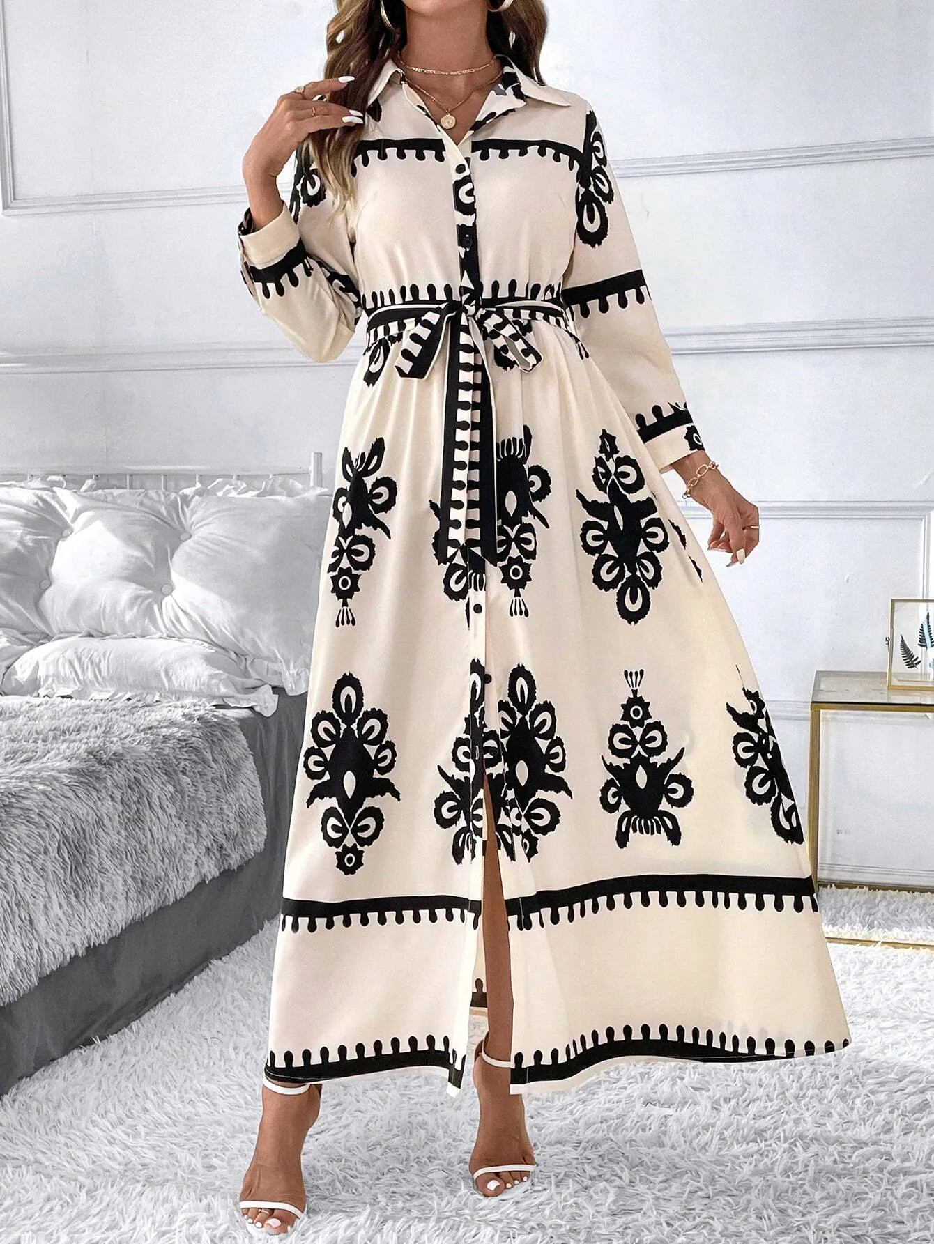 Clasi Women Long Sleeve Button-Front All-Over Allover Print Long Dress