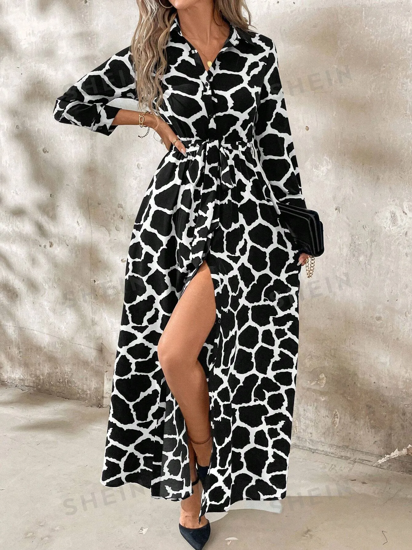 Clasi Women Long Sleeve Button-Front All-Over Allover Print Long Dress