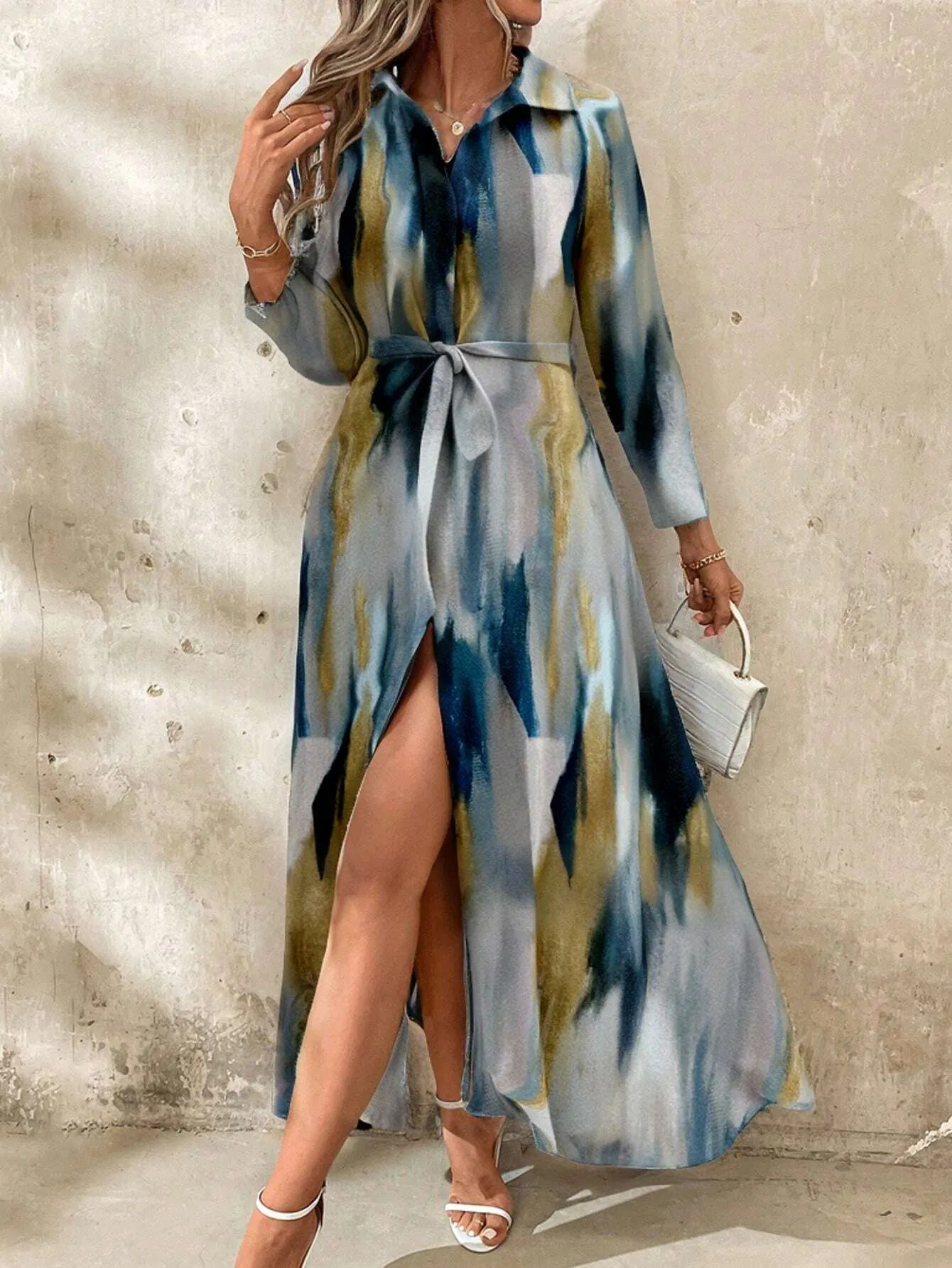 Clasi Women Long Sleeve Button-Front All-Over Allover Print Long Dress