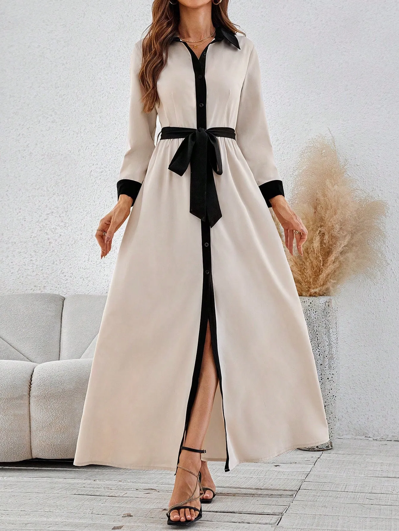 Clasi Women Long Sleeve Button-Front All-Over Allover Print Long Dress