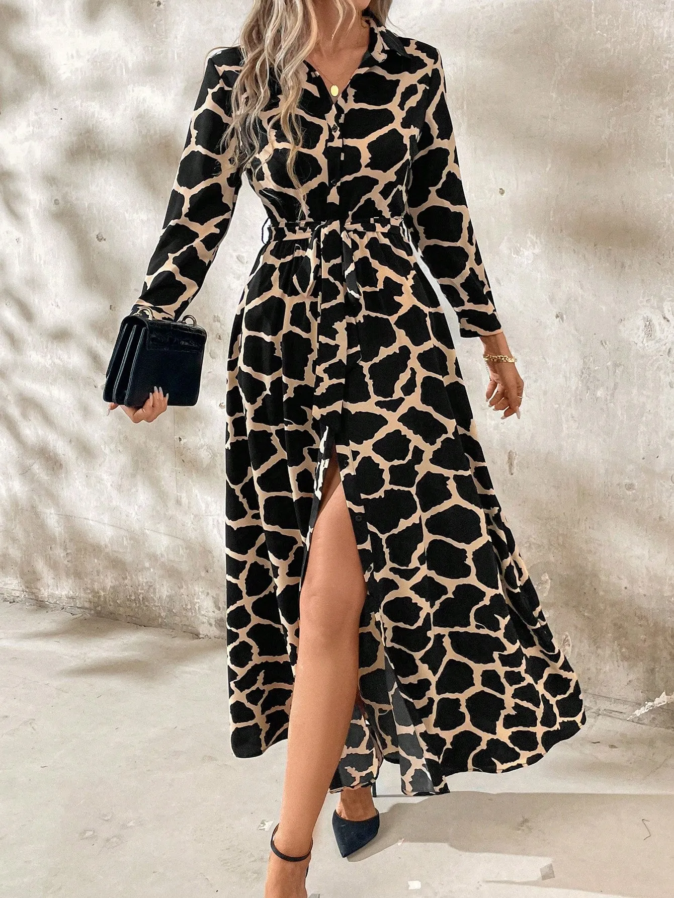 Clasi Women Long Sleeve Button-Front All-Over Allover Print Long Dress
