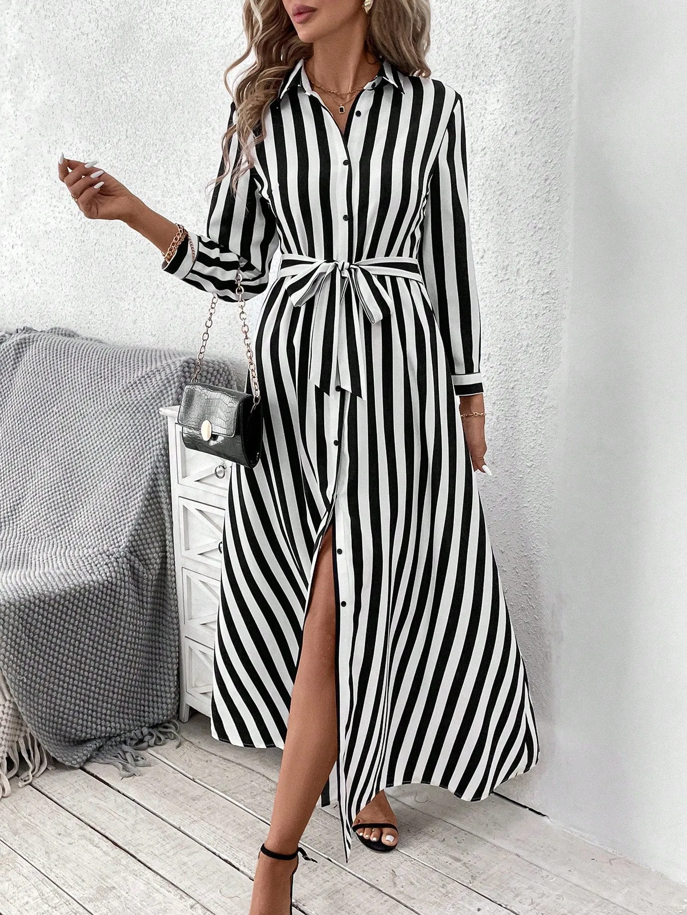 Clasi Women Long Sleeve Button-Front All-Over Allover Print Long Dress