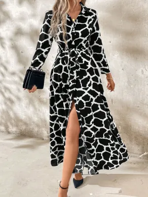 Clasi Women Long Sleeve Button-Front All-Over Allover Print Long Dress