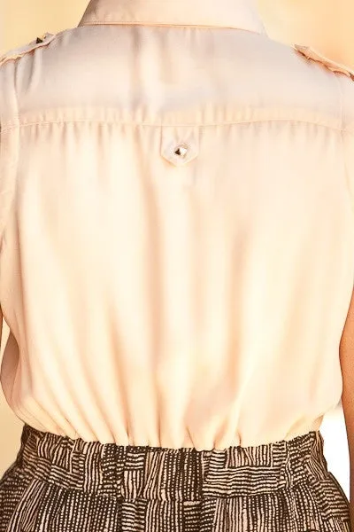 Collared Button Down Peach Top Print Bottom Dress Sleeveless Pockets