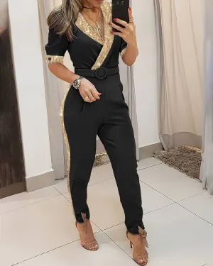 Contrast Sequin V Neck Belted Jumpsuit