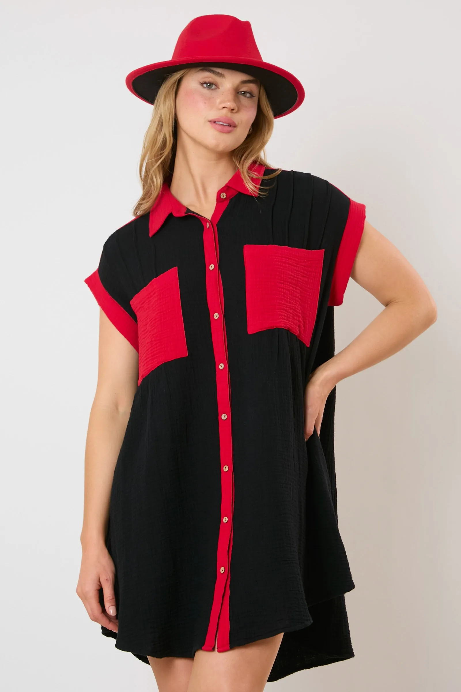 COTTON GAUZE COLOR BLOCK SHIRT DRESS