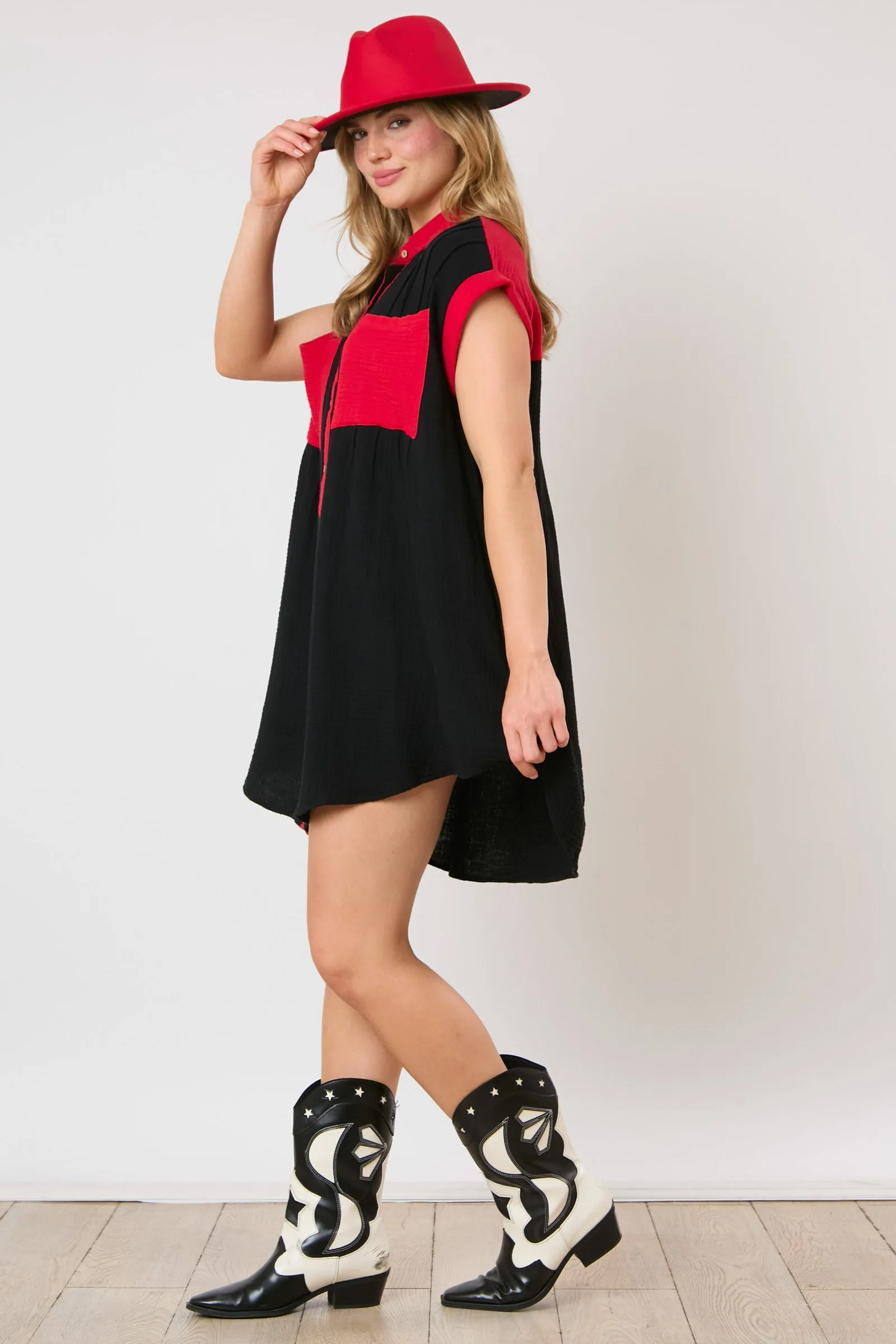 COTTON GAUZE COLOR BLOCK SHIRT DRESS