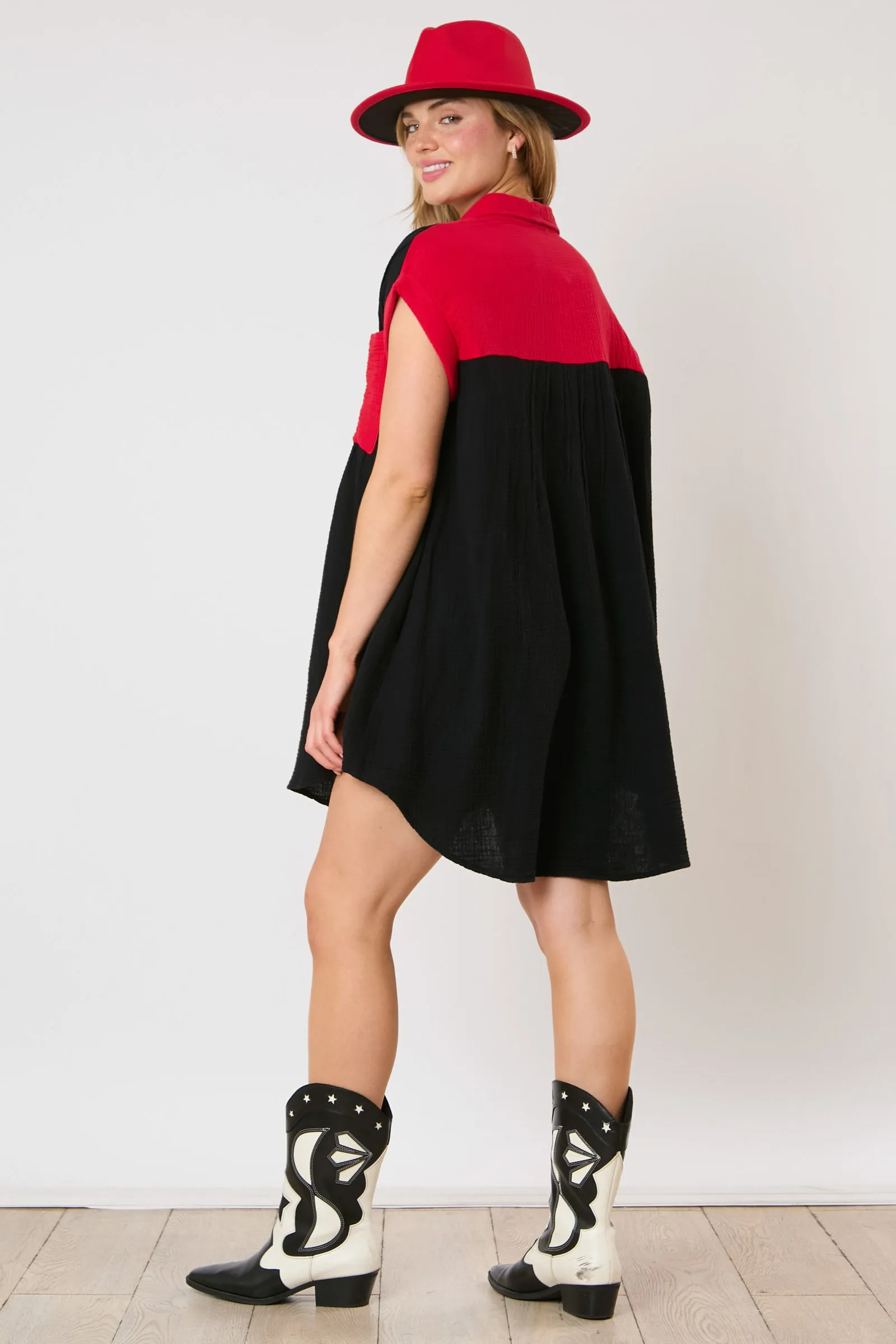 COTTON GAUZE COLOR BLOCK SHIRT DRESS