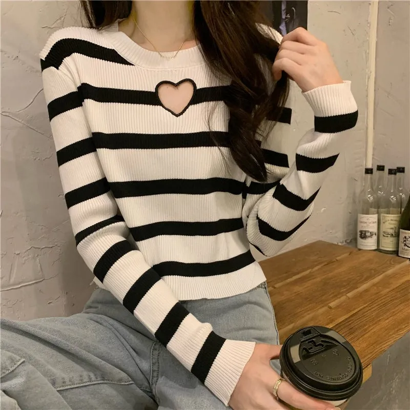 Cute Love Hole Shaped Striped Sweater