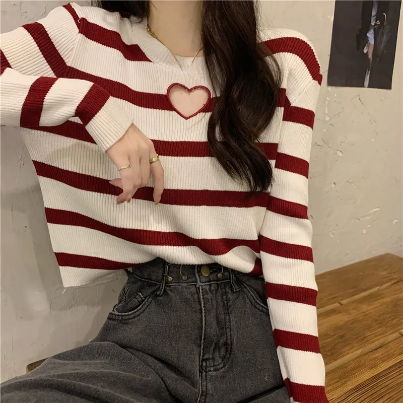 Cute Love Hole Shaped Striped Sweater