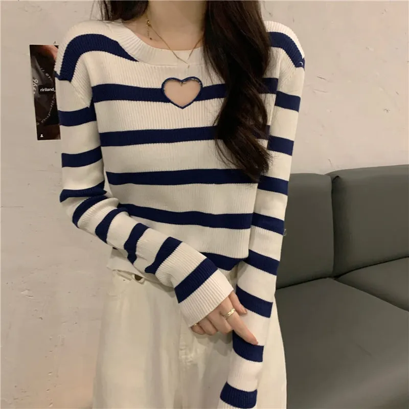 Cute Love Hole Shaped Striped Sweater