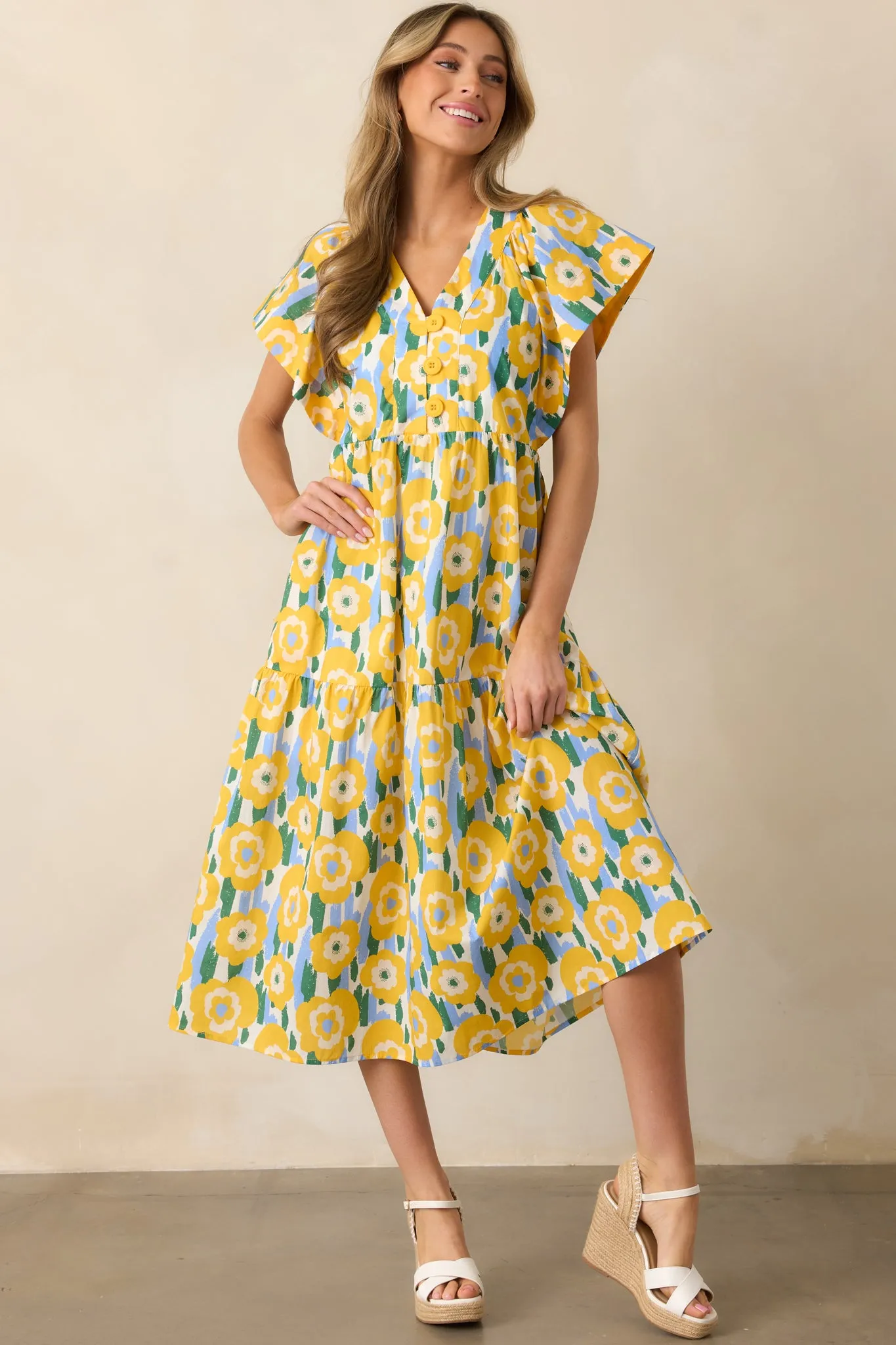 Daisy Date Night Yellow Floral Cotton Midi Dress