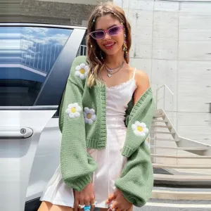 Delight Embroidered Daisy Knit Cropped Cardigan