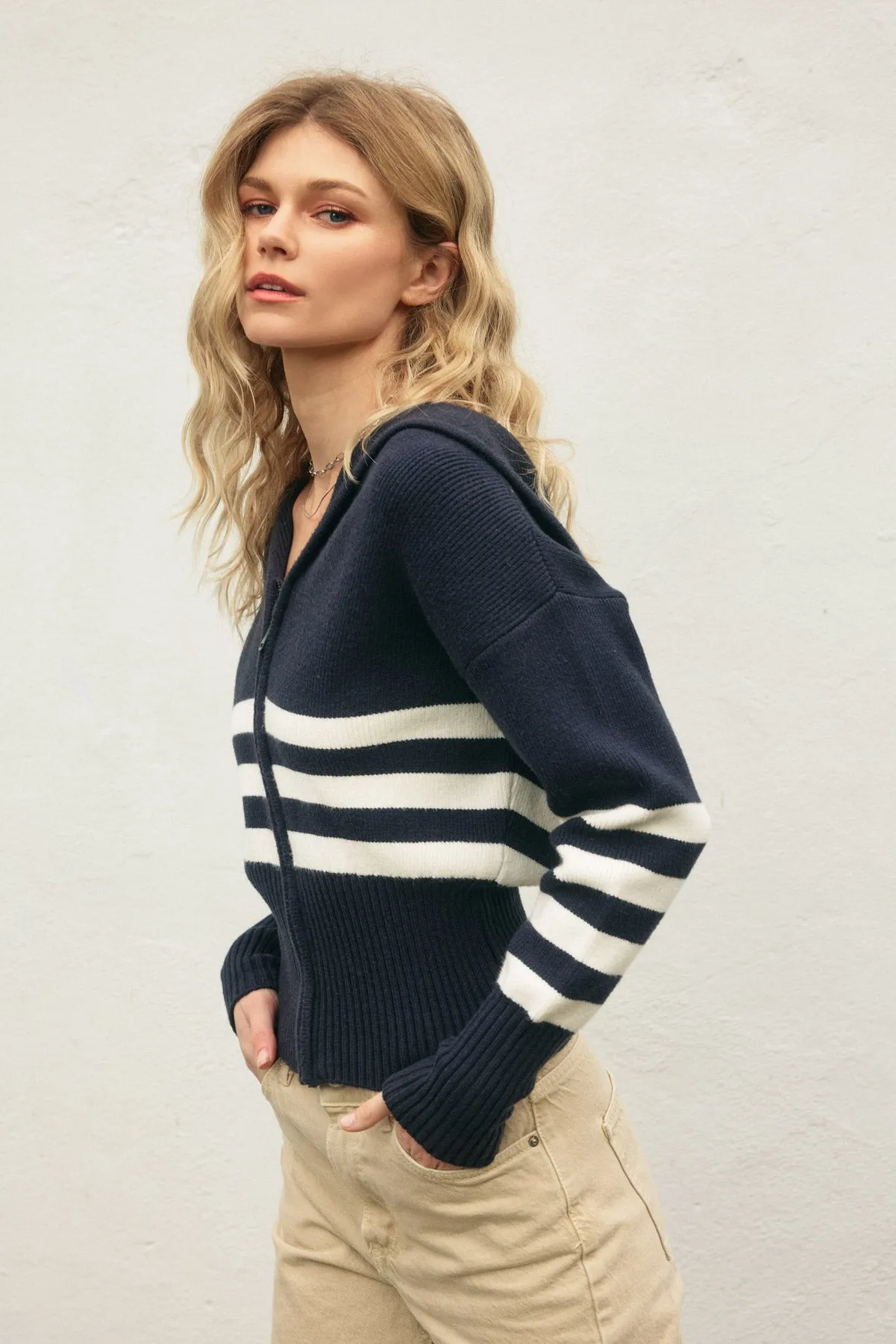 Denis Triple Stripe Cropped Zip Up Cardigan
