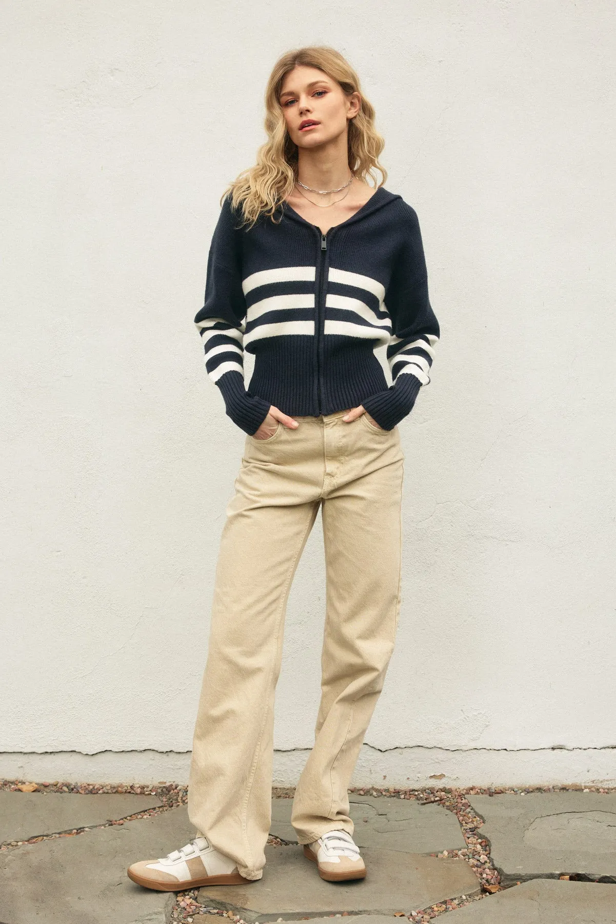 Denis Triple Stripe Cropped Zip Up Cardigan