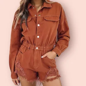 Distressed Raw Hem Snap Down Romper