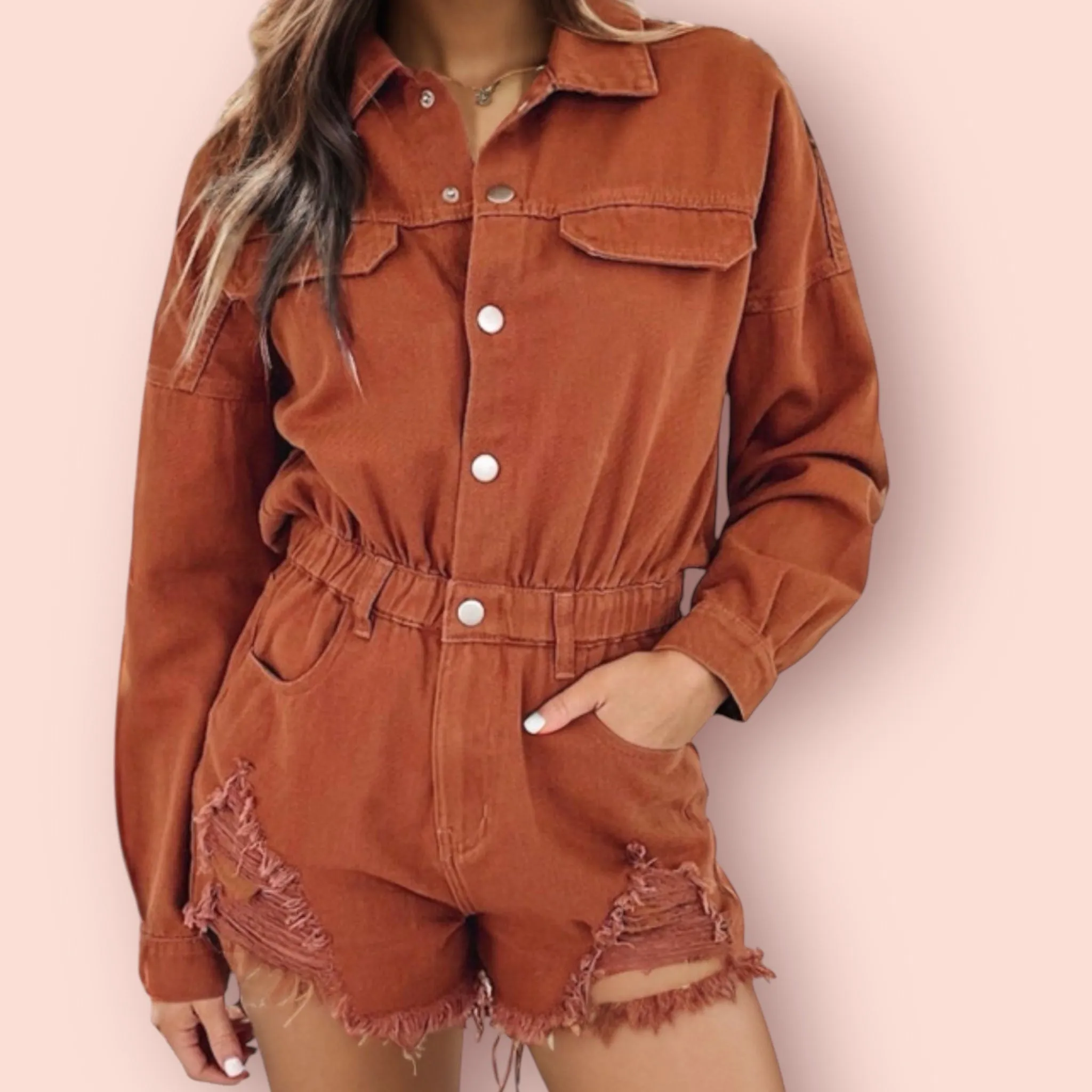 Distressed Raw Hem Snap Down Romper