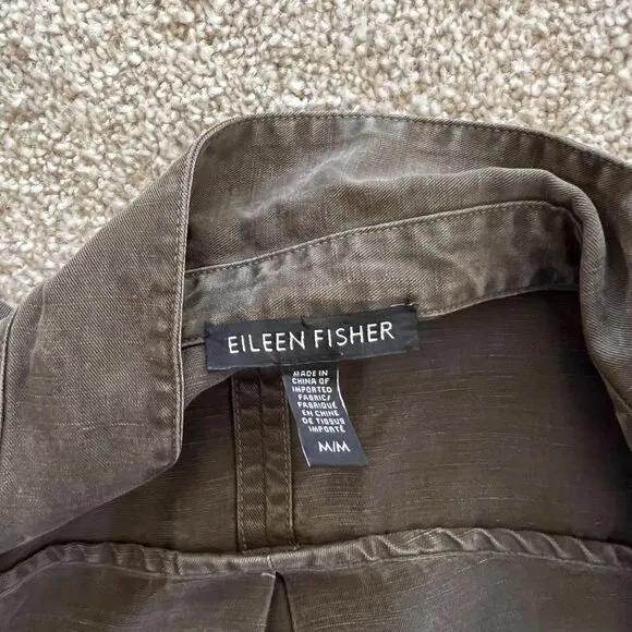 Eileen Fisher Linen Full Button Collared Dark Olive Green Dress with Pockets M