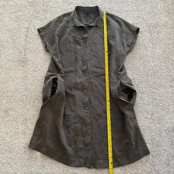 Eileen Fisher Linen Full Button Collared Dark Olive Green Dress with Pockets M