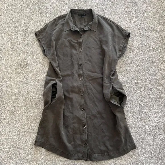Eileen Fisher Linen Full Button Collared Dark Olive Green Dress with Pockets M