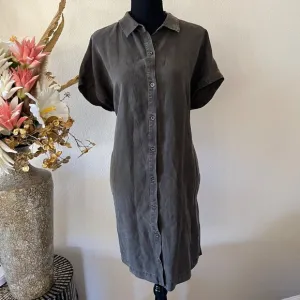 Eileen Fisher Linen Full Button Collared Dark Olive Green Dress with Pockets M
