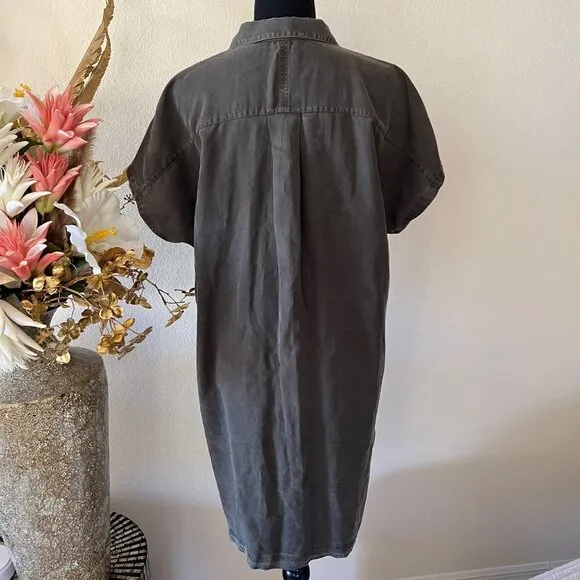 Eileen Fisher Linen Full Button Collared Dark Olive Green Dress with Pockets M