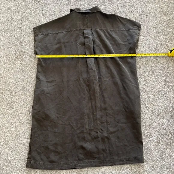 Eileen Fisher Linen Full Button Collared Dark Olive Green Dress with Pockets M