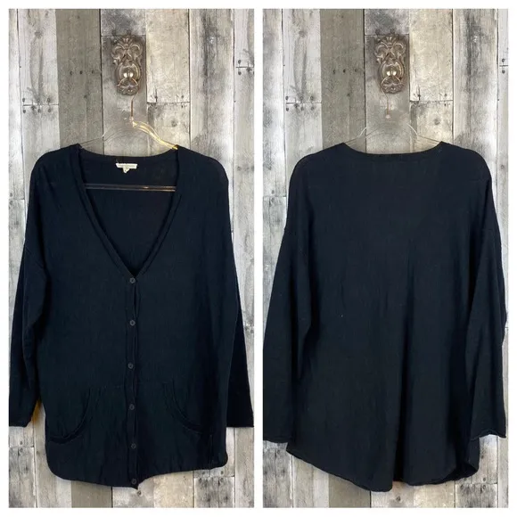 Eileen Fisher Organic Linen Cotton Button Front Long Cardigan Black Size Medium.