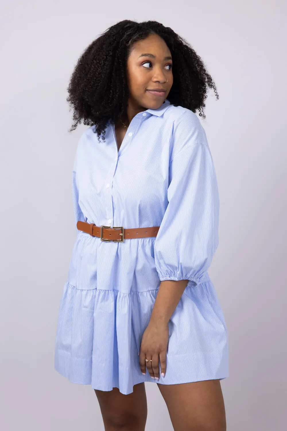 Elan Pinstripe Button Front Dress for Women in Blue | CS50159-BLU