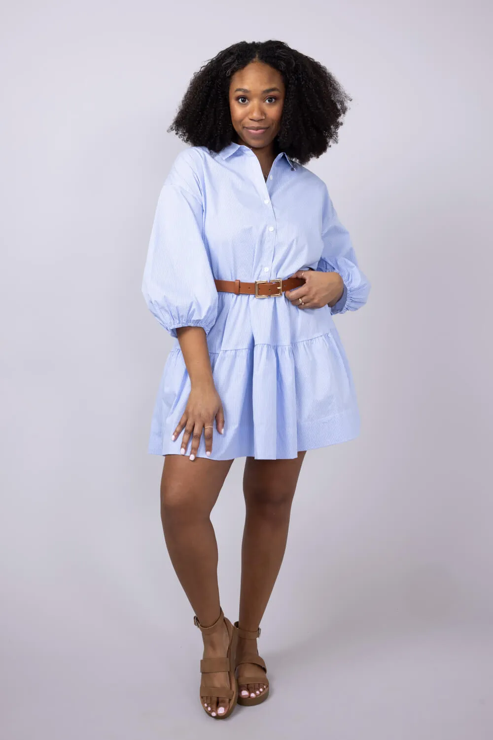 Elan Pinstripe Button Front Dress for Women in Blue | CS50159-BLU
