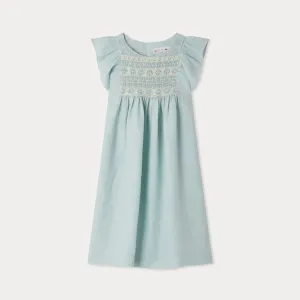 Emeraude smocked and embroidered linen dress
