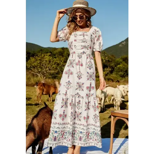 Enchanting Floral Ruched Puff Sleeve Tiered Maxi Dress