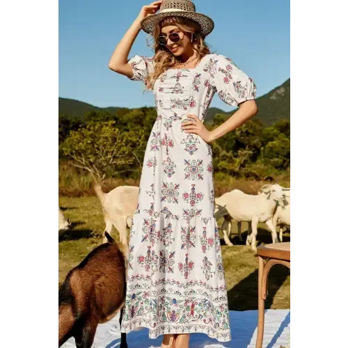 Enchanting Floral Ruched Puff Sleeve Tiered Maxi Dress