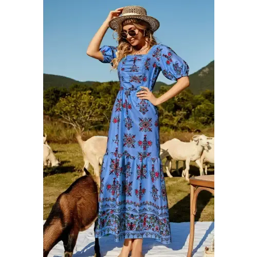 Enchanting Floral Ruched Puff Sleeve Tiered Maxi Dress