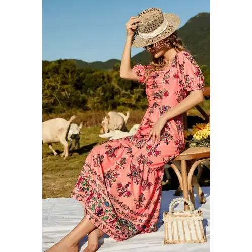 Enchanting Floral Ruched Puff Sleeve Tiered Maxi Dress