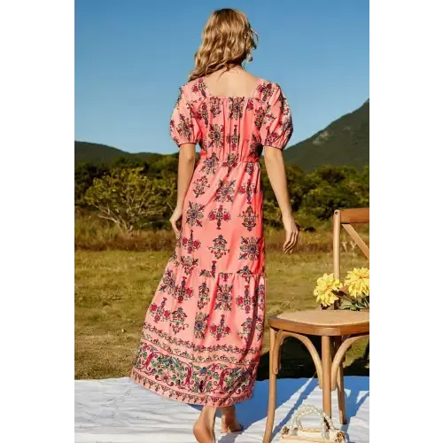 Enchanting Floral Ruched Puff Sleeve Tiered Maxi Dress