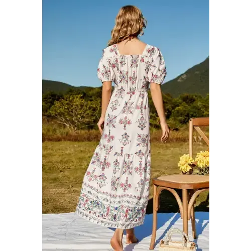 Enchanting Floral Ruched Puff Sleeve Tiered Maxi Dress