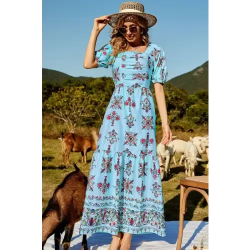 Enchanting Floral Ruched Puff Sleeve Tiered Maxi Dress