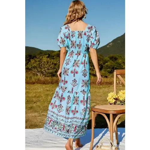 Enchanting Floral Ruched Puff Sleeve Tiered Maxi Dress