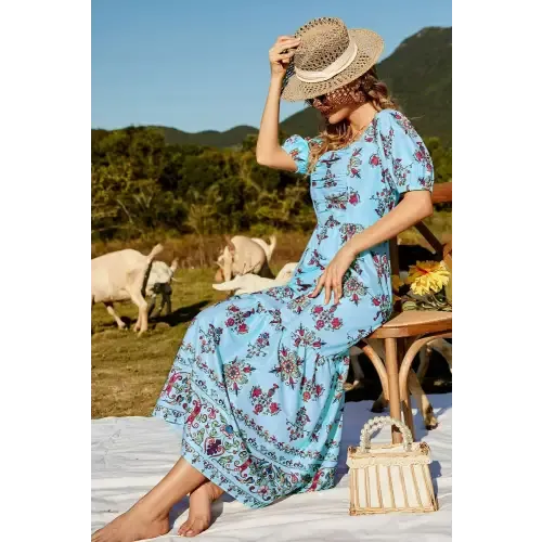 Enchanting Floral Ruched Puff Sleeve Tiered Maxi Dress